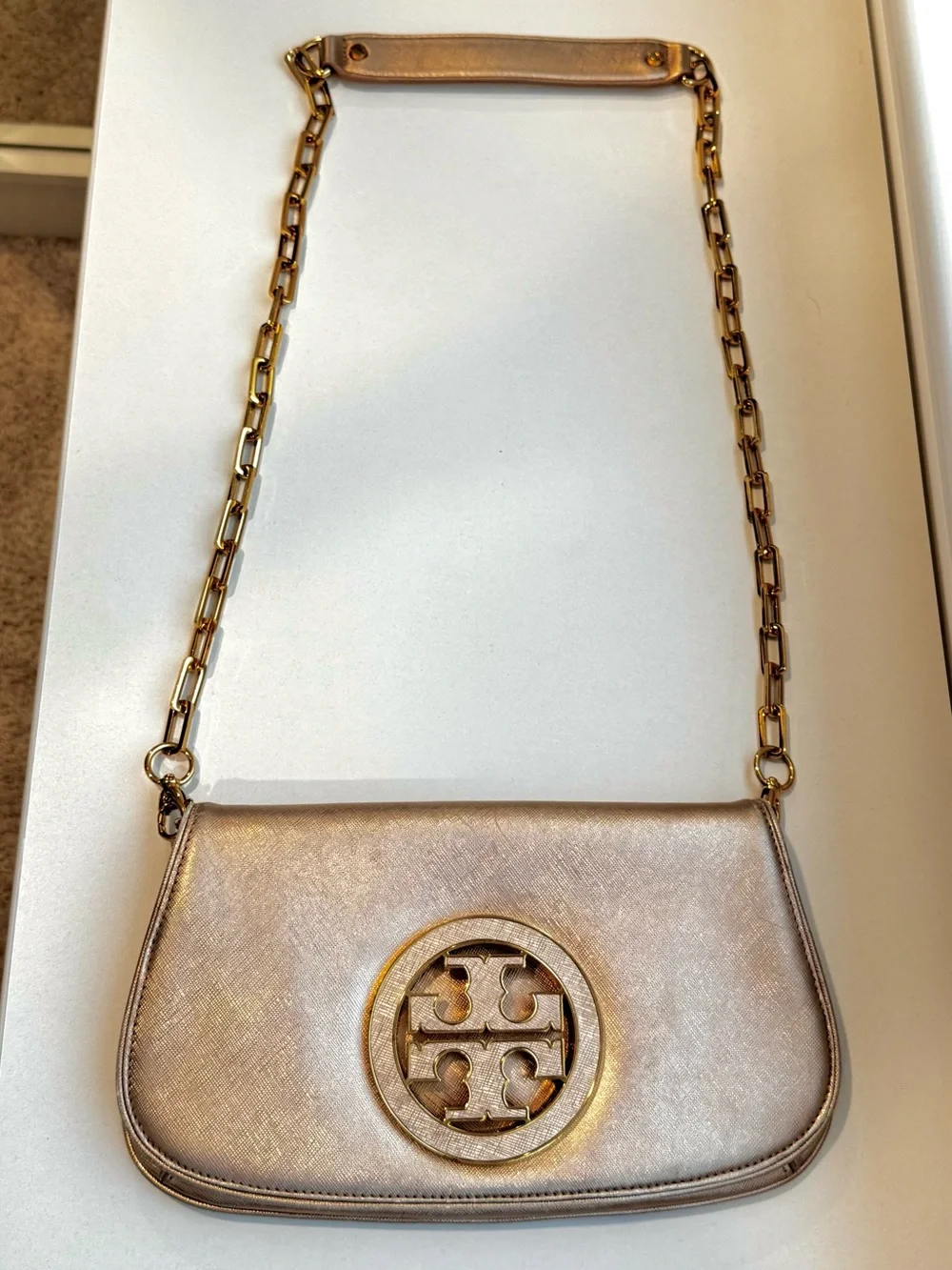 Tory Burch Vintage Metallic Gold Crossbody with Logo Medallion